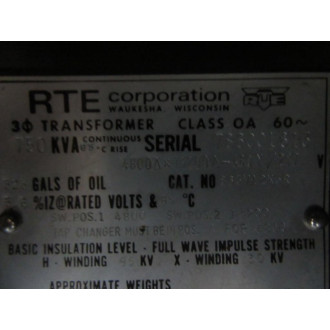 RTE 863V12K5R Transformer 853V12K5R 750KVA 4800 X 13200 480Y277 - Used