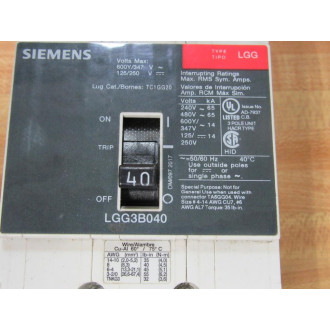 Siemens LGG3B040 40A Circuit Breaker LGG3B040L - Used