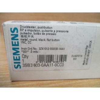Siemens 3SB3603-0AA11-0CC0 Pushbutton W3SB3400-0B, Base & Clip