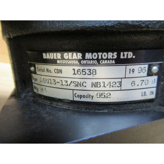 Bauer Gear Motors AGU13-13SNC NB1423 Gear Reducer NB1423 - Used