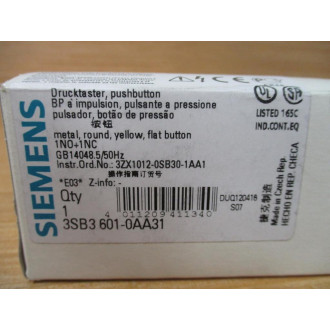 Siemens 3SB3601-0AA31 Pushbutton W Base & Clip