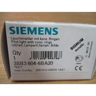 Siemens 3SB3604-6BA20 Pilot Light W Base & Clip