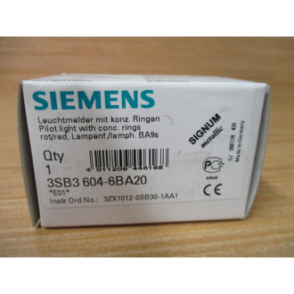 Siemens 3SB3604-6BA20 Pilot Light W3SB3400-1A, Base & Clip