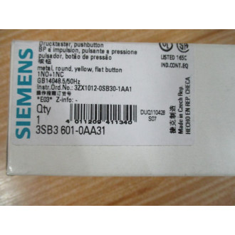 Siemens 3SB3601-0AA31 Pushbutton W3SB3400-0A, Base & Clip