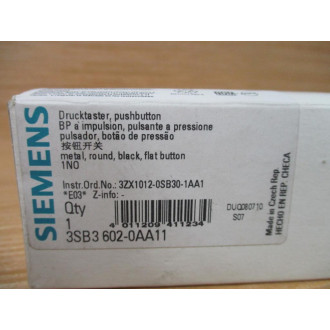 Siemens 3SB3 602-0AA11 Black 3SB36020AA11 W Base & Clip