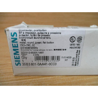 Siemens 3SB3601-0AA41-0CC0 Green 3SB36010AA410CC0 W Base & Clip