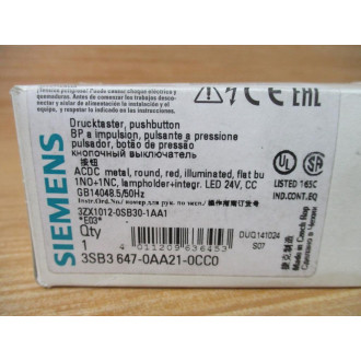 Siemens 3SB3 647-0AA21-0CC0 Red 3SB36470AA210CC0 Complete