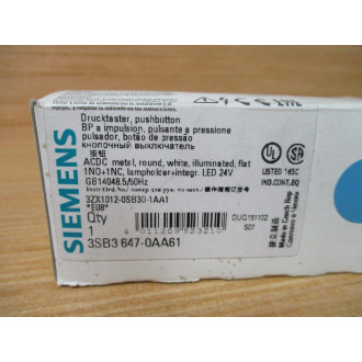 Siemens 3SB3647-0AA61 White Button 3SB36470AA61 W Base & Clip