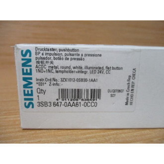 Siemens 3SB3 647-0AA61-0CC0 White 3AB36470AA610CC0 W Base & Clip