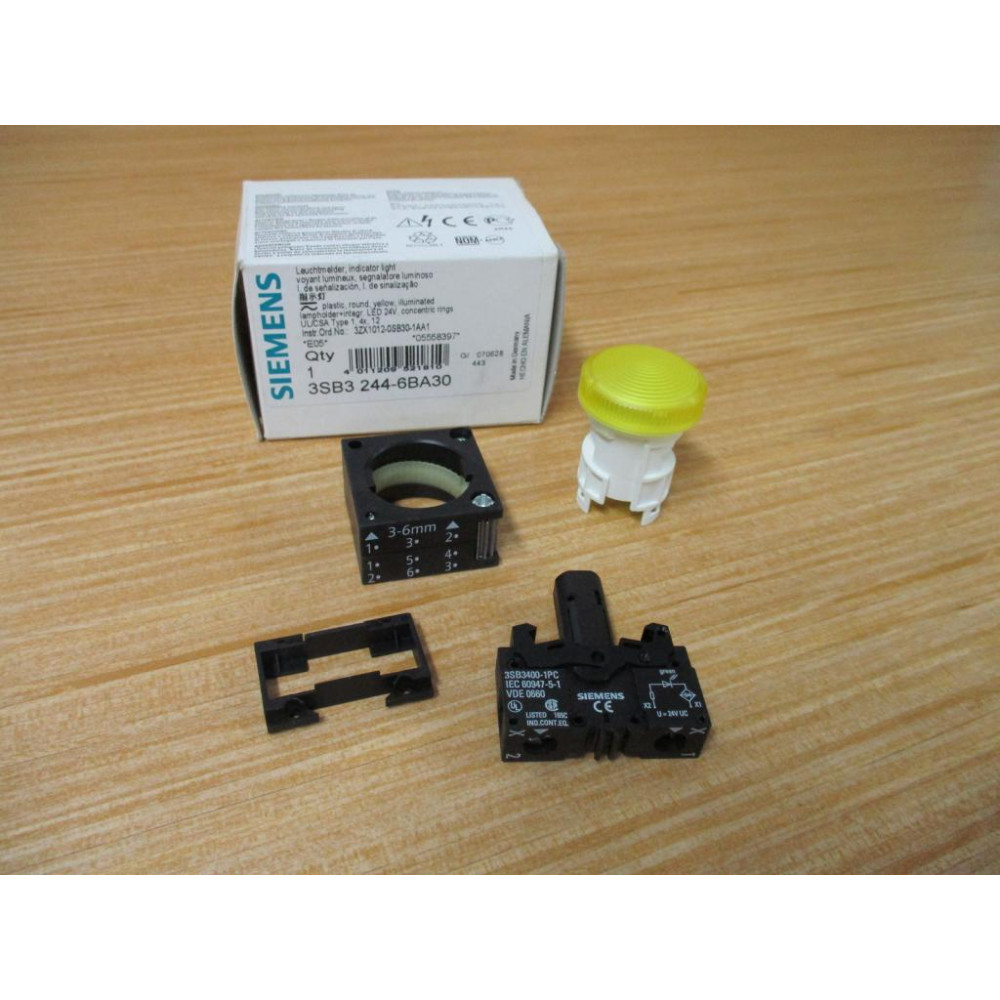Siemens 3SB3 244-6BA30 Yellow 3SB32446BA30 W 3SB3400-1PC, Base & Clip