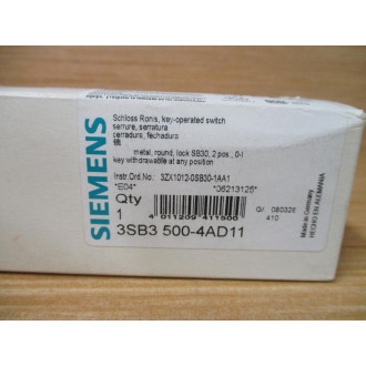 Siemens 3SB3 500-4AD11 Switch 2 Position 3SB35004AD11 W Base, Clip & Key