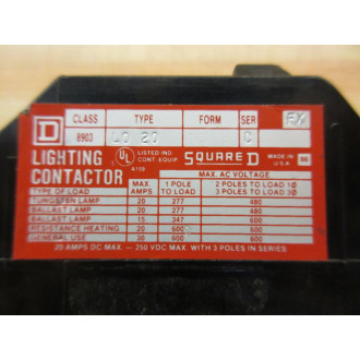 Square D 8903-L020 Lighting Contactor 8903-LO20 - Used