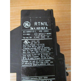 General Electric RTN1L Thermal Overload Relay RTN1L-6.3A - Used