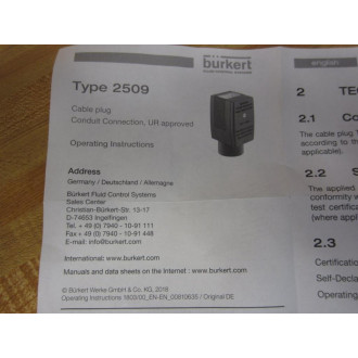 Burkert 2509 Cable Plug 2509-00-0-00-3-3-BCS