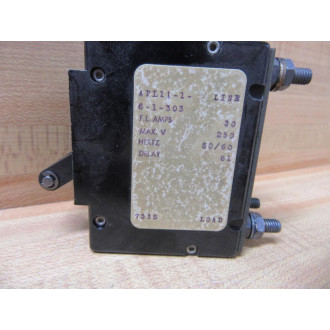 Airpax APL11-1-6-1-303 Circuit Breaker 30A 2 Pole  APL11161303 - Used
