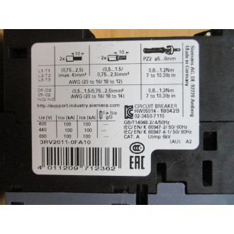 Siemens 3RV2011-0FA10 Sirius Circuit Breaker W 3RV8901-1E - New No Box