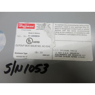 Hoffman A10086CH NVent Junction Box WPower Cord - New No Box