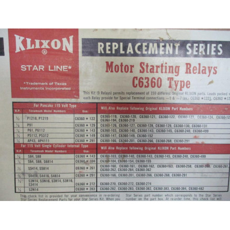 Klixon C6360 Star Line Motor Starting Relay Kit