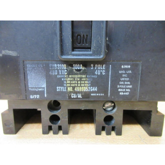 Westinghouse EHB3100 100A Circuit  Breaker 4989D52G44 - Used