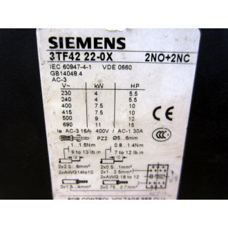 Siemens 3TF42 22-0X Contactor 3TF42220X K2 - New No Box