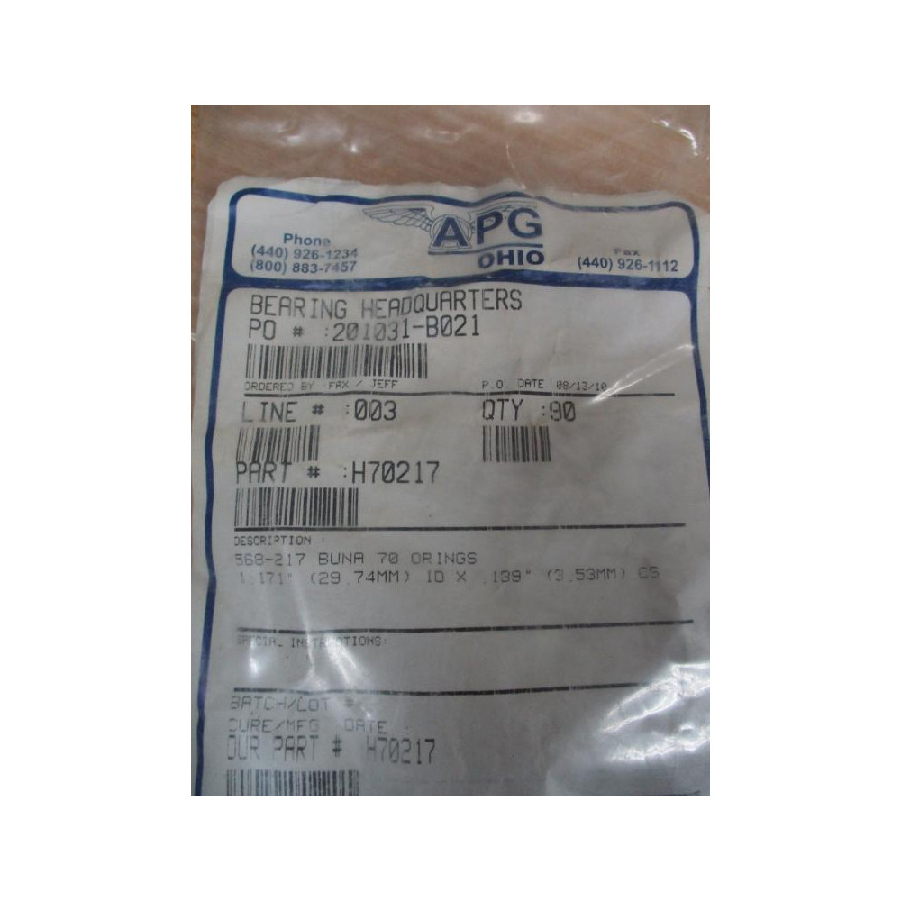 APG H70217 O-Ring 568-217 (Pack of 69)