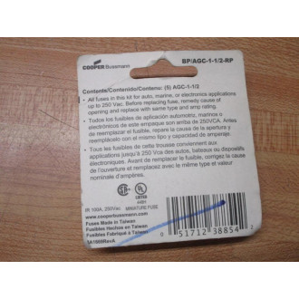 Bussmann AGC 1-12 Bussmann Fuse Cross Ref 4XH41, 3AG Fine Wire (Pack of 10)