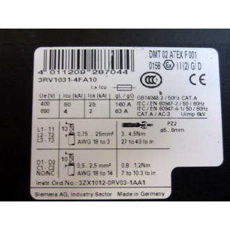 Siemens 3RV1031-4FA10 Sirius Circuit Breaker 3RV10314FA10 - New No Box