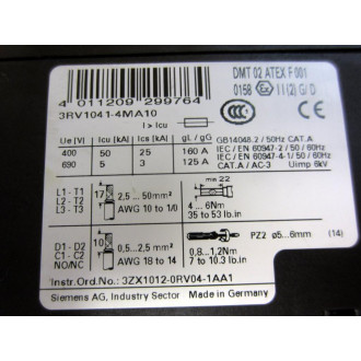 Siemens 3RV1041-4MA10 Circuit Breaker 80-100AMP WO 1 Lug Terminal - Used