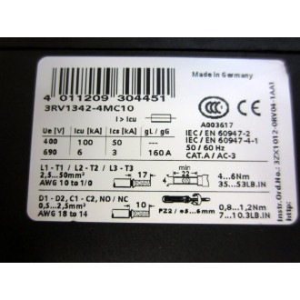 Siemens 3RV1342-4MC10 100A Circuit Breaker 3RV13424MC10 - New No Box