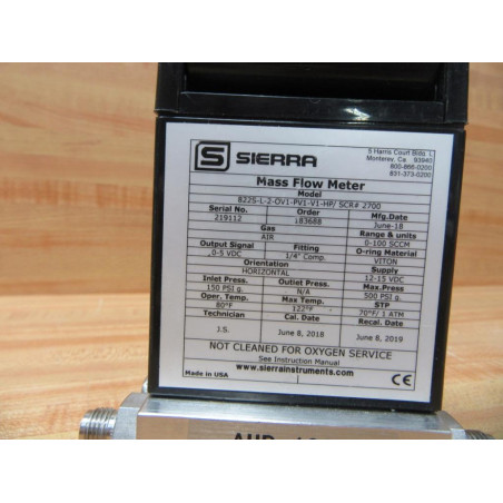 Sierra 822S-L-2-OV1-PV1-V1-HPSCR 2700 Mass Flow Meter 0-100 SCCM 150PSI - Used