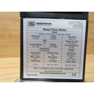Sierra 822S-L-2-OV1-PV1-V1-HPSCR 2700 Mass Flow Meter 0-50 SCCM 115 VDC - Used