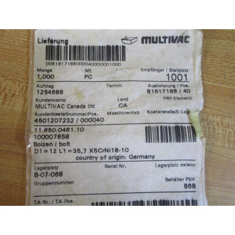 Multivac 11.650.0461.10 Bolt 100007858