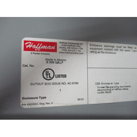 Hoffman A16N12ALP Enclosure - New No Box