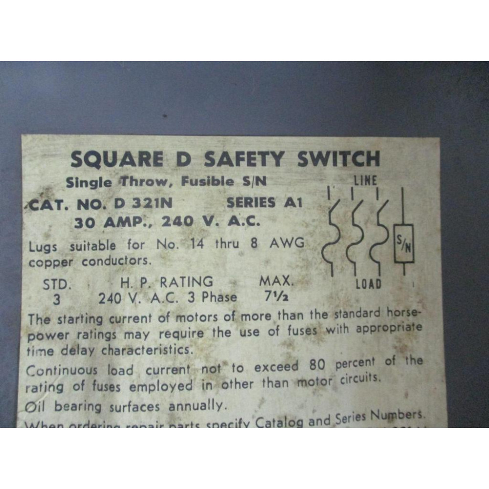 Square D D-321-N Safety Switch D321N Ser. A1 - Used