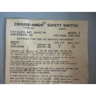 Crouse Hinds GH421N Safety Switch - Used