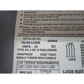 Square D HU461AWK Heavy Duty Safety Switch - New No Box