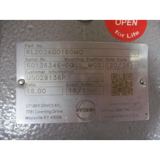 Stober KL202AG0160MQ Right Angle Gearbox 16:1 Mounted - New No Box