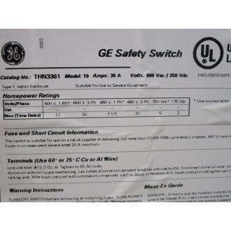 General Electric THN3361 Safety Switch GE WArc Shield - Used