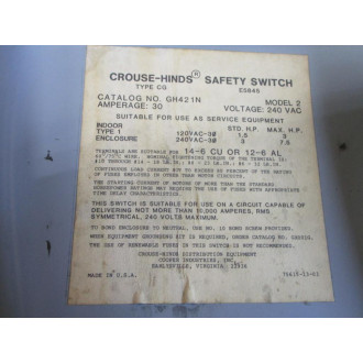 Crouse - Hinds GH421N Cooper General Duty Safety Switch Model 2 - Used