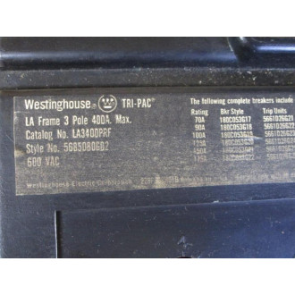 Westinghouse LA3400PRF Tri-Pac 400A Circuit Breaker With Cover - Used