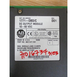 Allen Bradley 1771-OBD Module 1771-0BD Ser. C, Rev. D01, 96211471 E01 - Used