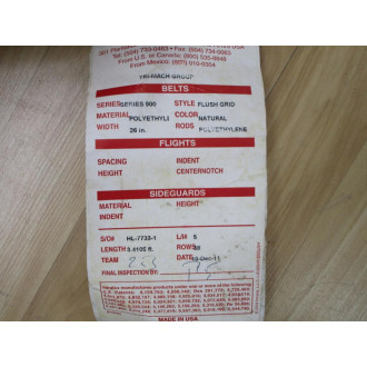 Intralox 900-26x3.4105 Flush Grid Belt 900 3.4' - New No Box