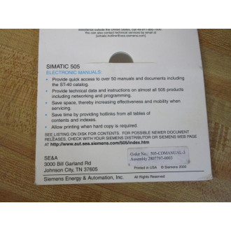 Siemens 2807797-0003 Simatic 505 Electronic Manuals CD - Used