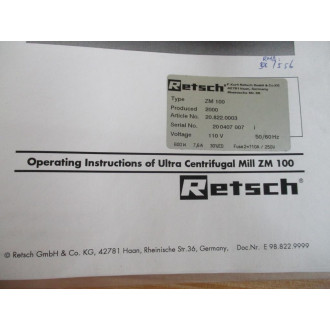 Retsch 98.822.9999 Operating Instructions ZM 100 - Used