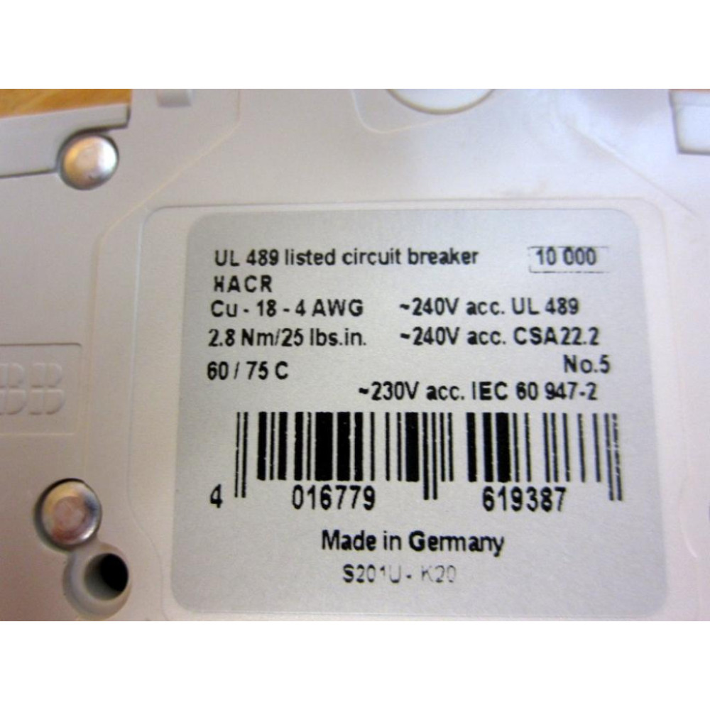 ABB S201U-K20A 1P 20A Circuit Breaker S201UK20A - New No Box