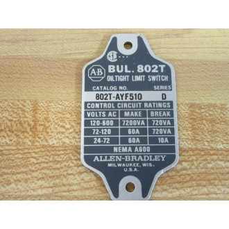 Allen Bradley 802T-AYF510 Limit Switch Cover Only - New No Box