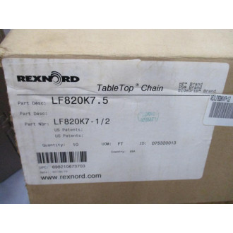 Rexnord LF820K7-12 Table Top Chain LF820K7.5 10' Length