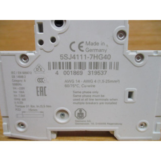 Siemens 5SJ4111-7HG40 5A Circuit Breaker 5SJ41117HG40 - Used
