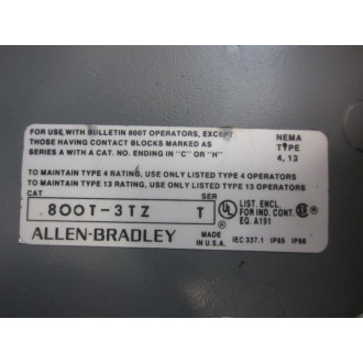 Allen Bradley 800T-3TZ Enclosure 800T3TZ Ser.T - Used
