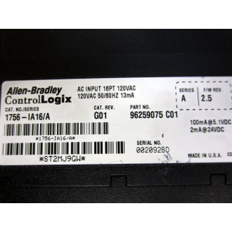 Allen Bradley 1756-IA16 Input Module 1756IA16 96259075 C01, Rev.G01 - Used